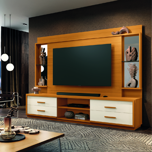 Estante Home Theater Com Espelho E Vidro Para Tv Até 75 Polegadas 2,40m Leni Edn -Sthefani Moveis