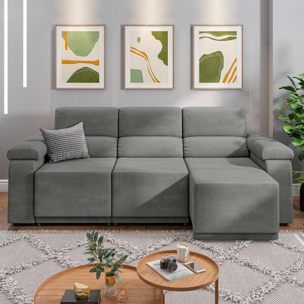 Sofá Retrátil Desmontável Suede 2,10m 3 Lugares Fox Cinza -Sthefani Moveis