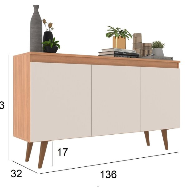 Buffet 3 Portas 136cm Retrô Elza Yescasa Freijó/off White - Sthefani Moveis