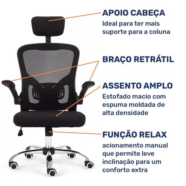 Cadeira De Escritório Moob Barcelona Giratória Ergonômica Com Sistema Relax Preta - Sthefani Moveis