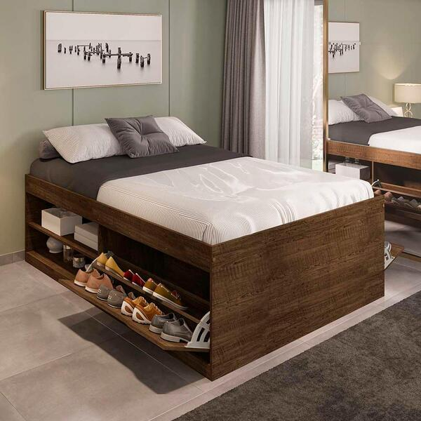 Cama Bau Casal Com Sapateira Embutida Malbec Vanessa Framar -Sthefani Moveis