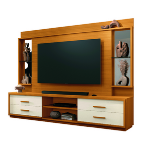 Estante Home Theater Com Espelho E Vidro Para Tv Até 75 Polegadas 2,40m Leni Edn -Sthefani Moveis