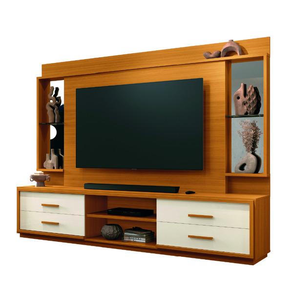 Estante Home Theater Com Espelho E Vidro Para Tv Até 75 Polegadas 2,40m Leni Edn -Sthefani Moveis