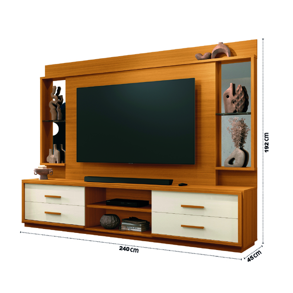 Estante Home Theater Com Espelho E Vidro Para Tv Até 75 Polegadas 2,40m Leni Edn -Sthefani Moveis