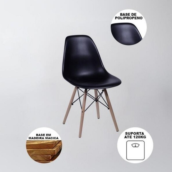Mesa Redonda 90cm Com 4 Cadeiras Eames Eiffel Pés De Madeira Preta - Sthefani Moveis