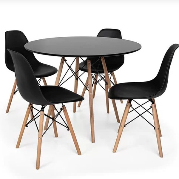 Mesa Redonda 90cm Com 4 Cadeiras Eames Eiffel Pés De Madeira Preta - Sthefani Moveis