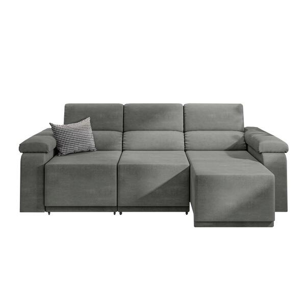 Sofá Retrátil Desmontável Suede 2,10m 3 Lugares Fox Cinza -Sthefani Moveis
